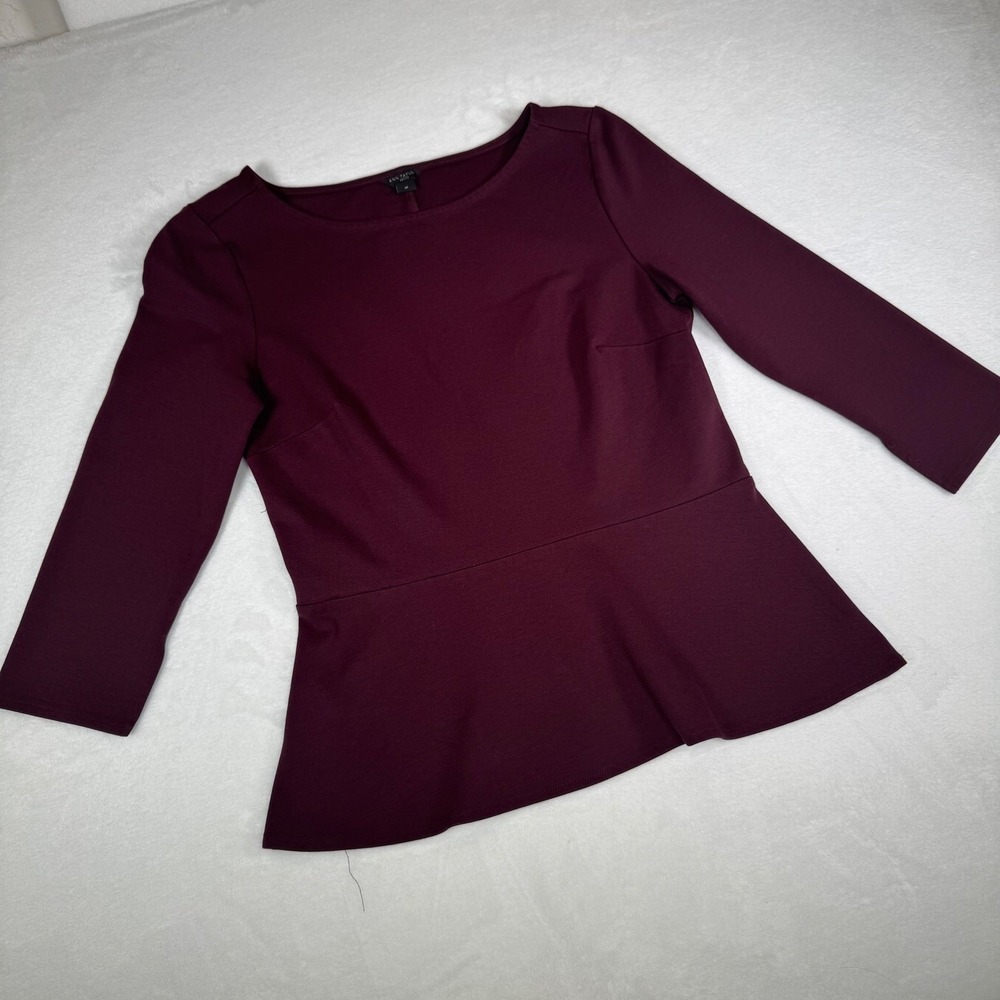 Ann Taylor Ponte Petite Peplum Top Burgundy 3/4 Sleeve Small